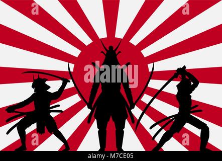 Silhouette Samurai auf der aufgehenden Sonne, Japan Flagge Stock Vektor