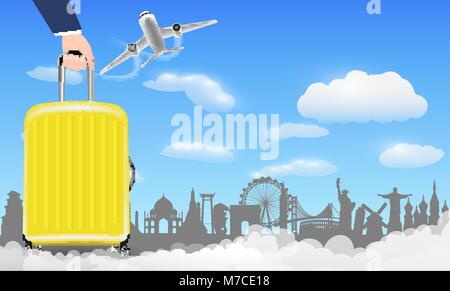 Hand mit Gepäck Tasche Reisen rund um die Welt Stock Vektor