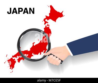 Hand mit Lupe suchen auf Japan Karte Stock Vektor