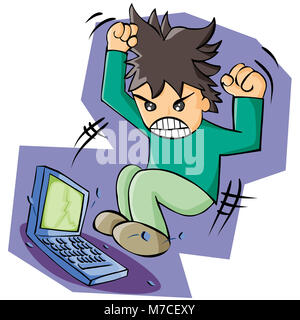 Mann springt auf einem laptop Stockfoto