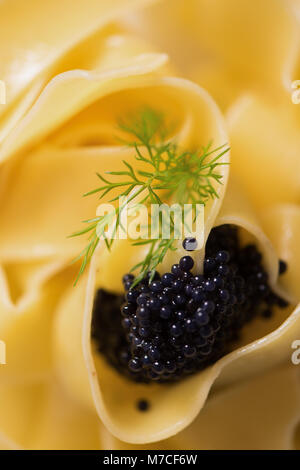 Caviar pasta Tagliatelle auf einem weißen Teller. Nahaufnahme Stockfoto