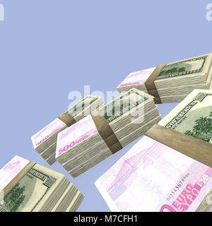 Low Angle View der Bündel von fünfhundert Euro Banknoten und Amerikanischen Hundert-Euro-Scheine Stockfoto