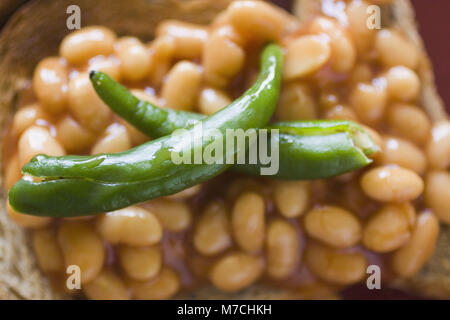 Nahaufnahme des grünen Chilischoten auf gebackene Bohnen Stockfoto