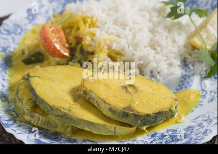 Nahaufnahme des Fisch-Curry mit Reis serviert Stockfoto