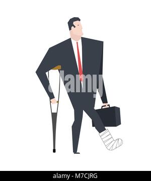 Geschäftsmann mit krücke in Gips Bein. Boss ist Bein gebrochen. Büro leben Vector Illustration. Stock Vektor