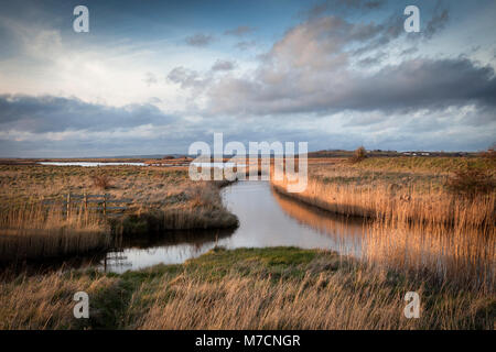 Schönes Licht am Oare Marshes an der Swale, nahe Faversham, an der Nordküste von Kent, Großbritannien. Stockfoto