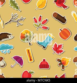 Nahtlose Muster mit Herbst Aufkleber Symbole und Objekte Stock Vektor