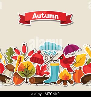 Nahtlose Muster mit Herbst Aufkleber Symbole und Objekte Stock Vektor
