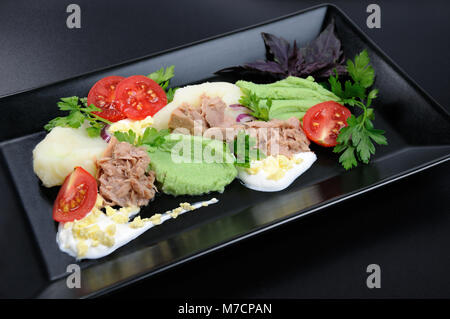 Thunfisch in Dosen mit Garnierung, Kartoffelpüree mit Avocado. Stockfoto