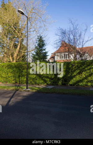 Typische freistehende Englisch Neo-Tudor Suburban House hinter Hecken in Bristol, UK. Stockfoto