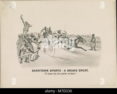 Eine humorvolle Illustration mit dem Titel „Darktown Sports-a Grand Spurt“, die eine lebhafte und übertriebene Szene des Wettkampfs in einer Sportumgebung darstellt, wobei der Fokus auf eine Figur liegt, die selbstbewusst den Sieg in einem Rennen behauptet. Stockfoto