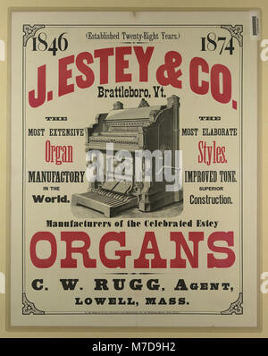 Ein Foto von J. Estey & Co., einem Unternehmen, das für seine Herstellung von Musikinstrumenten und Orgeln bekannt ist. Das Bild zeigt wahrscheinlich einen Moment in der Geschäftstätigkeit des Unternehmens während des späten 19. Oder frühen 20. Jahrhunderts. Stockfoto