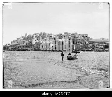 Das Foto zeigt die alte Hafenstadt Jaffa (auch bekannt als Joppa) und ihre Umgebung. Er zeigt die historische Bedeutung des Landeplatzes, der für Handel und Geschichte im Nahen Osten wichtig ist. Stockfoto
