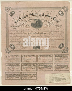 Ein historisches Dokument der Konföderierten Staaten von Amerika, das ein Darlehen zu sieben Prozent genehmigt, datiert vom 20. Februar 1863 als Teil der Finanzstrategie während des Bürgerkriegs. Stockfoto
