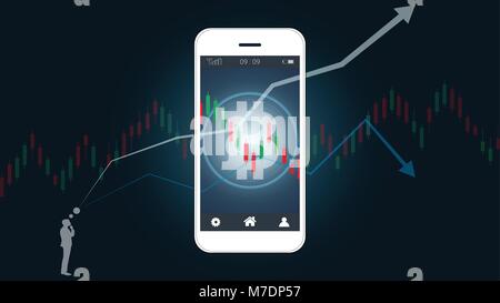 Smart phone Bildschirm mit bitcoin Erfolg Graph mit Candlestick charts Klettern, globales Netzwerk anschluss und Business Analytics. Stock Vektor