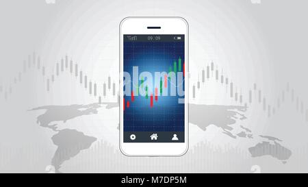 Smart phone Anzeige, auf der die finanziellen und Leuchter graph Diagramme nach oben klettern Präsentationen Vorlage. Stock Vektor