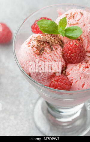 Hausgemachte himbeer Eis mit Schokolade und Minze. Ein erfrischendes Dessert für Gourmets. Selektiver Fokus Stockfoto