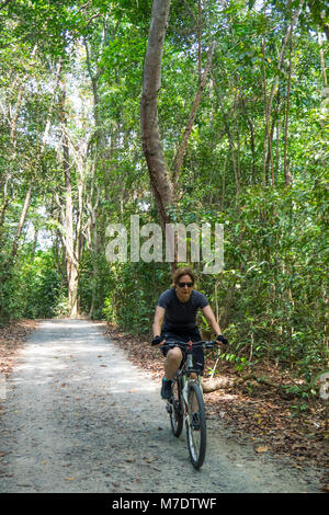 Eine weibliche Touristen mit dem Fahrrad durch den Wald auf der Insel Palau Ubin, Singapur Stockfoto