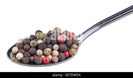 Close-up von Pfeffer Mischung auf Edelstahl Löffel. Piper nigrum. Spoonfull von Schwarz, Grün, Rosa und weiße Pfefferkörner. Auf weissem Hintergrund. Stockfoto