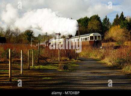 GWR-Gepäckbehälter Nr. 6412, der Staverton auf der South Devon Railway mit einem Autozug nach Totnes verlässt., 17.. Februar 2018. Stockfoto