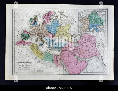 1858 Delamarche Europa Landkarte Karolingischen Reiches Karls des Großen und der arabisch-muslimischen Welt Stockfoto