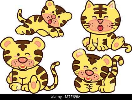 Familie Tiger Cartoon Character Design. Niedliche Tier Abbildung auf weißen isolieren. Stock Vektor