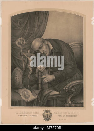 Dieses Kunstwerk zeigt eine Kartusche des Heiligen Alphonsus Maria de Liguori, einen italienischen Bischof, Theologen und Gründer der Redemptoristischen Kongregation. Sein Bild spiegelt seine Beiträge zur katholischen Lehre und seine Rolle in der Kirchengeschichte wider. Stockfoto
