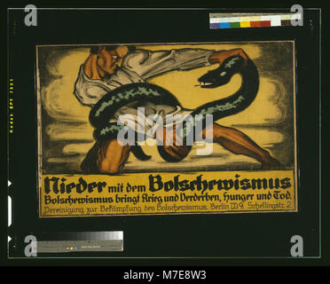 Ein historisches Propagandaplakat aus dem frühen 20. Jahrhundert mit dem Titel „unten mit dem Bolschewismus“, das vor den Gefahren des Bolschewismus und seinen negativen Folgen warnt. Stockfoto