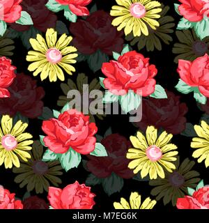 Blume hand Zeichnung nahtlose Muster, Vektor floral background, floraler Stickerei Verzierung. Gezeichnet Knospen rote Rose Blume und gelben Gänseblümchen auf schwarzem Hintergrund. Für Fabric Design, Tapeten, Dekoration Stock Vektor