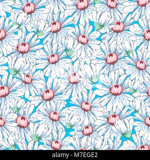 Kamille Blume hand Zeichnung nahtlose Muster, Vektor floral background, floraler Stickerei Verzierung. Gezeichnet knospen Cartoon weißen Kamille auf hellblauem Hintergrund. Für fabric Designs, Hintergrundbilder Stock Vektor