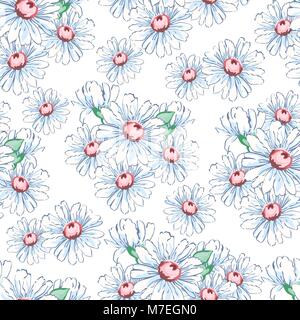 Kamille Blume hand Zeichnung nahtlose Muster, Vektor floral background, floraler Stickerei Verzierung. Gezeichnet Knospen weiße Kamille Blumen auf weißem Hintergrund. Für Fabric Design, Tapeten, Dekoration Stock Vektor