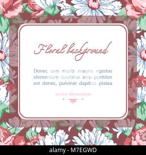 Vektor floral background, floral Banner, Abdeckung, Karte. Platz für Text vor dem Hintergrund von gezeichneten Blüten rosa Rose Blume und weißen Kamille und Blätter hand Zeichnung auf einem dunklen rosa Hintergrund Stock Vektor