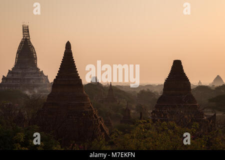 Malerischer Blick auf viele Tempel und Stupas wie vom Gesetz Ka Ou Shang Tempel in Bagan, Myanmar (Birma) bei Sonnenaufgang gesehen. Stockfoto