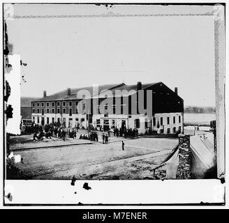 Bild der Nordseite des Libby Prison in Richmond, Virginia, die das Gebäude während des Amerikanischen Bürgerkriegs hervorhebt. Stockfoto