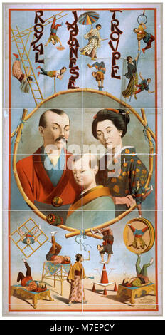 Ein Werbebild mit der königlichen japanischen Truppe, bekannt für ihre traditionellen Aufführungen. Die Truppe führte verschiedene Aspekte der japanischen Kulturkunst auf, darunter Theater und Tanz. Stockfoto