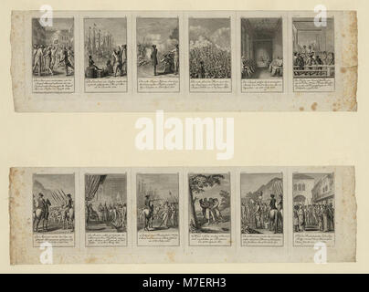 Eine Serie von 12 Illustrationen, die Ereignisse und Schlachten der Amerikanischen Revolution (1775–1783) darstellen, von D. Chodowiecki geschaffen und von D. Berger graviert. Diese Werke geben einen visuellen Einblick in die revolutionäre Periode. Stockfoto