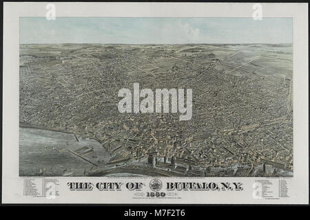 Dieses historische Bild zeigt die Stadt Buffalo, New York, im Jahr 1880, und hebt die städtische Entwicklung und Architektur einer großen Industriestadt während des späten 19. Jahrhunderts hervor. Stockfoto