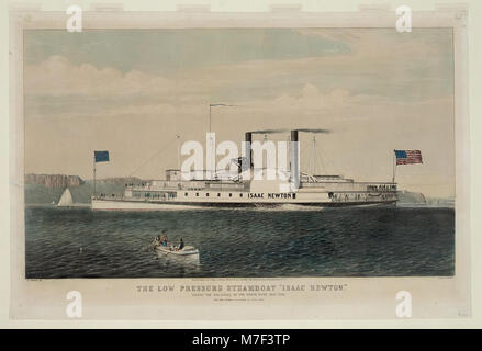 Das Dampfschiff „Isaac Newton“ wird an den Palisades entlang des Hudson River in New York vorbeigeführt. Dieses Bild fängt einen ikonischen Moment der Flussfahrt des frühen 20. Jahrhunderts ein und unterstreicht die historische Bedeutung von Dampfschiffen für den Transport. Stockfoto