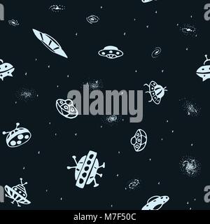 Vektor nahtlose Hintergrund aus der Hand UFO gezogen. Doodle UFO fliegende Untertasse und Galaxy. Universum Muster Stock Vektor