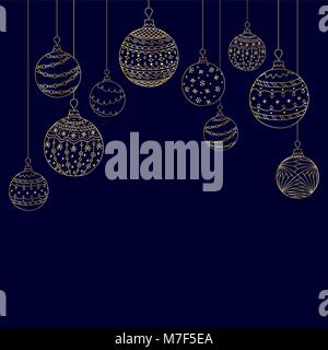Vektor Weihnachtskarte von Hand zeichnen Golden christmas tree Ball Spielzeug auf dunklem Hintergrund. Gruß Einladung Weihnachten Hintergrund. Stock Vektor
