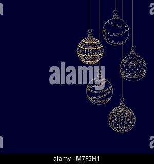 Vektor Weihnachten Einladungskarte von fünf Gold Christmas Ball Spielzeug auf dunkelblauem Hintergrund. Handzeichnung Christmas tree Ball Spielzeug Stock Vektor