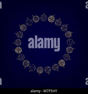 Vektor dekorative runden Rahmen aus Gold Hand gezeichnet Christmas tree Ball Spielzeug auf dunkelblauem Hintergrund Stock Vektor