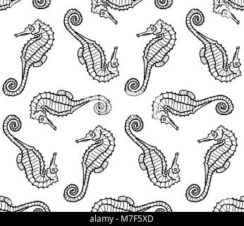 Vektor nahtlose Muster von Seahorse Silhouette. Hippocampus Abbildung Stock Vektor