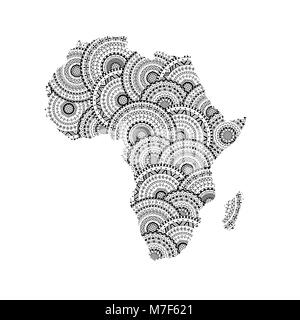 Vektor Silhouette von Afrika und Madagaskar Karte von schwarzen und weißen runden Mandalas. Färbung Seite Buch Anti Stress für Erwachsene. Stock Vektor