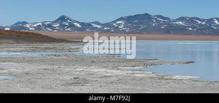 Laguna y Termas de Polques hot spring Pool mit Salar de Chalviri im Hintergrund, Salar de Uyuni, Potosi, Bolivien - Südamerika Stockfoto