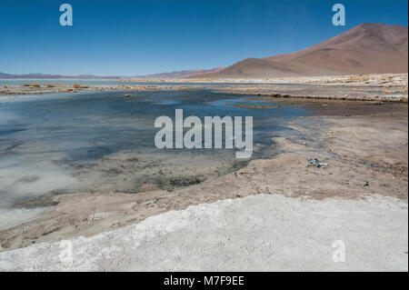 Laguna y Termas de Polques hot spring Pool mit Salar de Chalviri im Hintergrund, Salar de Uyuni, Potosi, Bolivien - Südamerika Stockfoto