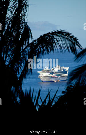 Ein Blick durch Palm Blätter von Norwegian Cruise Line, die Golden Princess, vor Lahaina, Maui, Hawaii verankern. Stockfoto