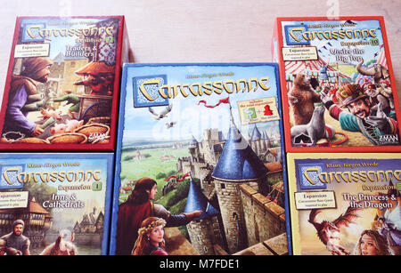 Die beliebte, moderne Brettspiel Carcassonne Stockfoto