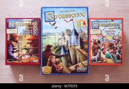 Die beliebte, moderne Brettspiel Carcassonne Stockfoto