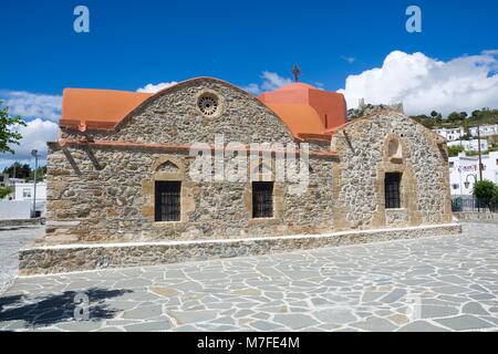 Herrliche byzantinische Kirche der Gottesmutter von der Jungfrau in dem kleinen Dorf Asklipio, Insel Rhodos, Griechenland Stockfoto